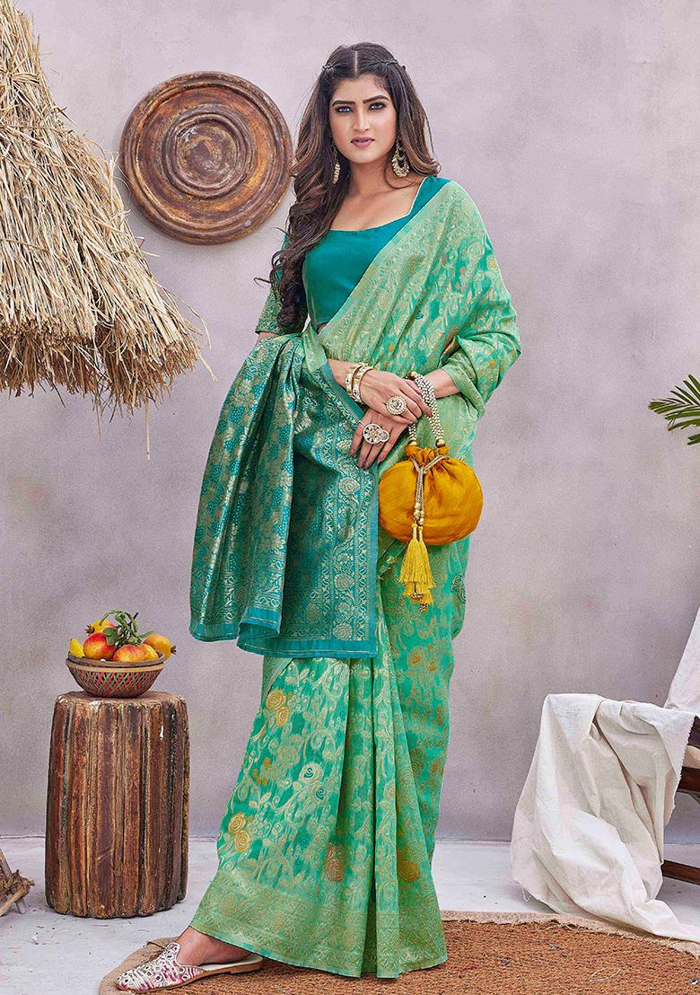 Rama Blue Zari Woven Silk Blend Saree Set