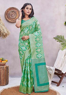 Pista Green Zari Woven Silk Blend Saree Set
