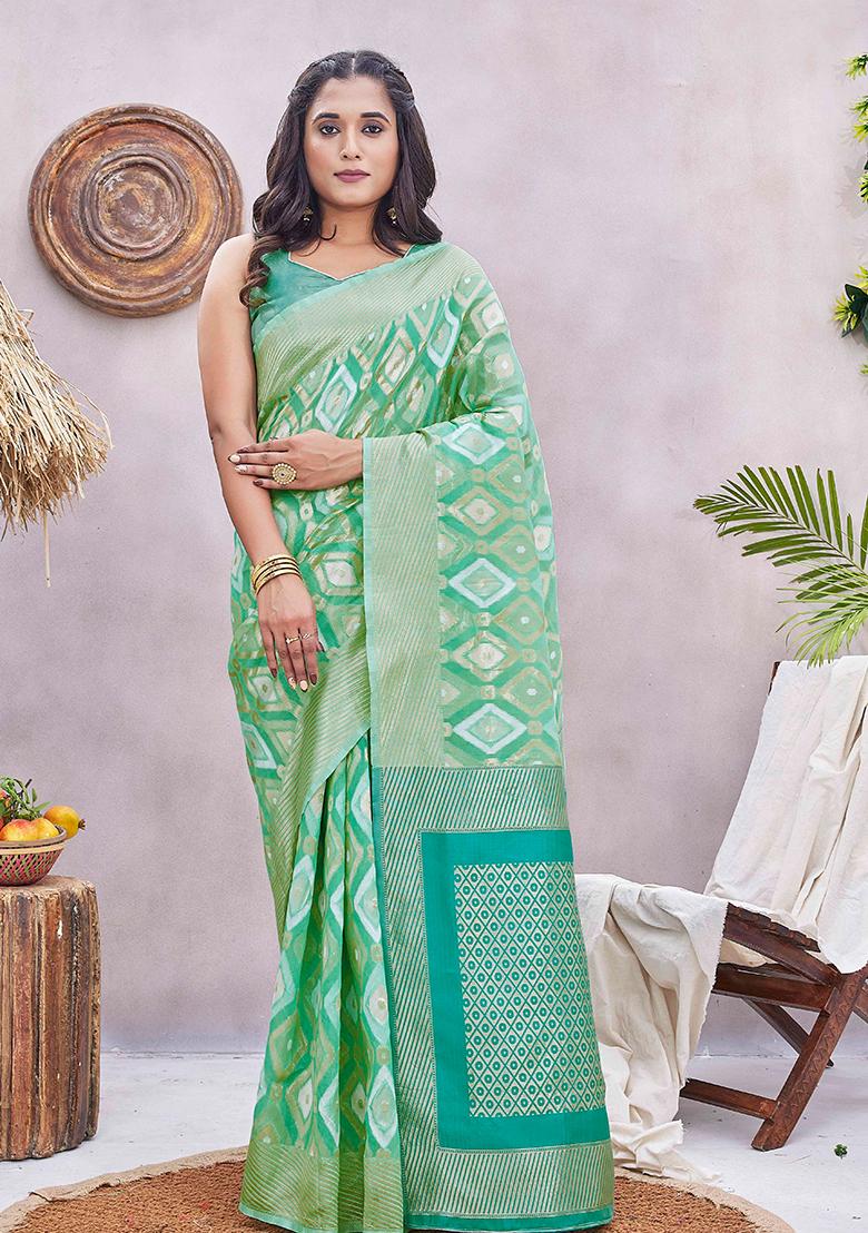 Pista Green Zari Woven Silk Blend Saree Set