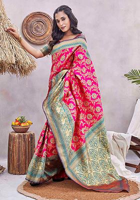 Pink Zari Woven Silk Blend Saree Set