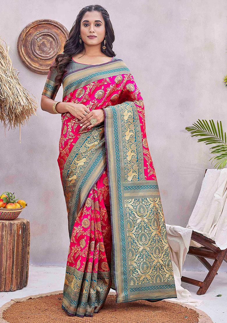 Pink Zari Woven Silk Blend Saree Set