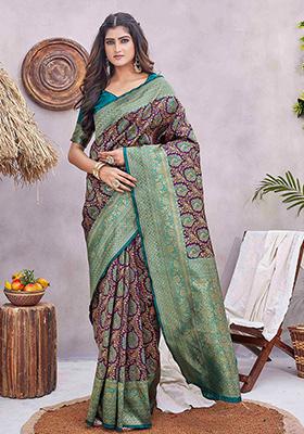 Purple Zari Woven Silk Blend Saree Set