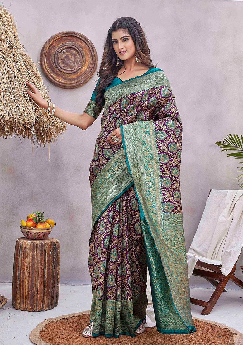 Purple Zari Woven Silk Blend Saree Set