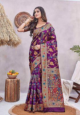 Purple Zari Woven Silk Blend Saree Set