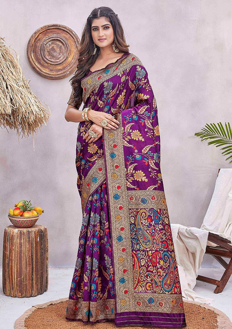 Purple Zari Woven Silk Blend Saree Set