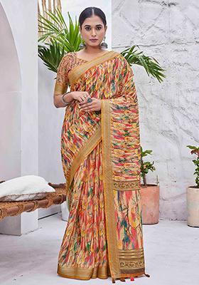 Mustard Digital Print Linen Blend Saree Set