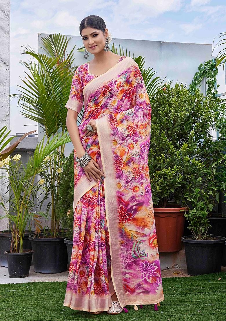 Purple Digital Print Linen Blend Saree Set
