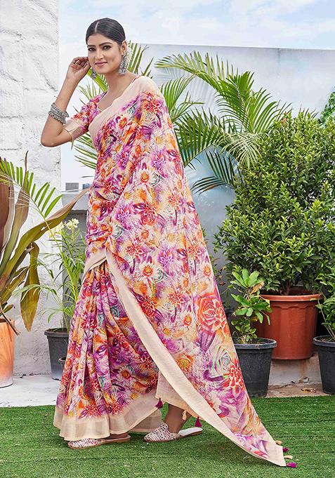 Purple Digital Print Linen Blend Saree Set