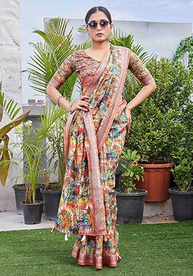 Multicolor Digital Print Linen Blend Saree Set