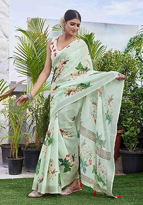 Pista Green Digital Print Linen Blend Saree Set