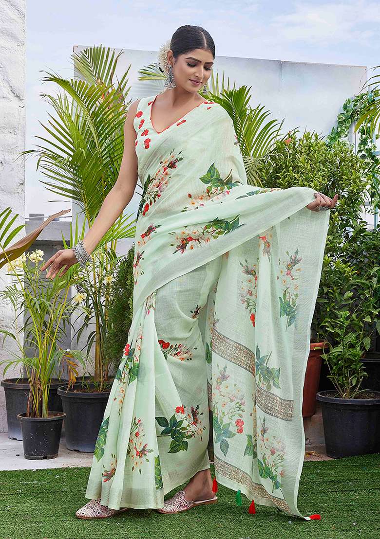 Pista Green Digital Print Linen Blend Saree Set - Indya