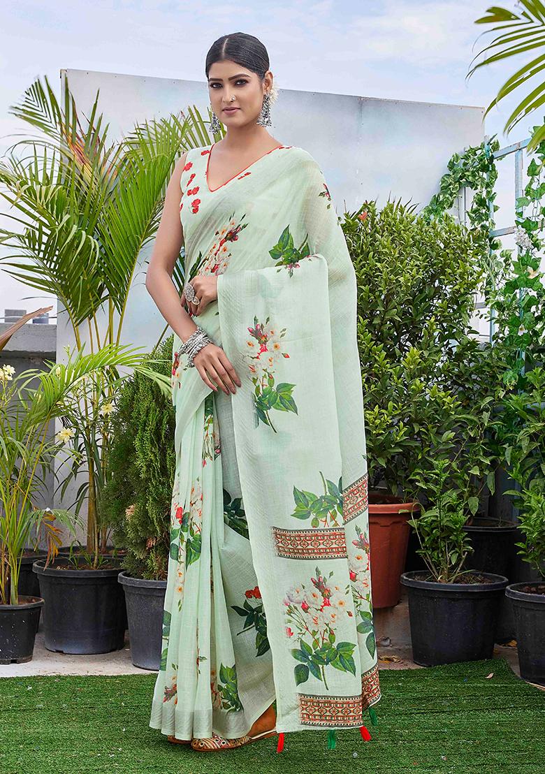 Pista Green Digital Print Linen Blend Saree Set