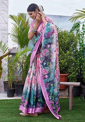 Pink Digital Print Linen Blend Saree Set