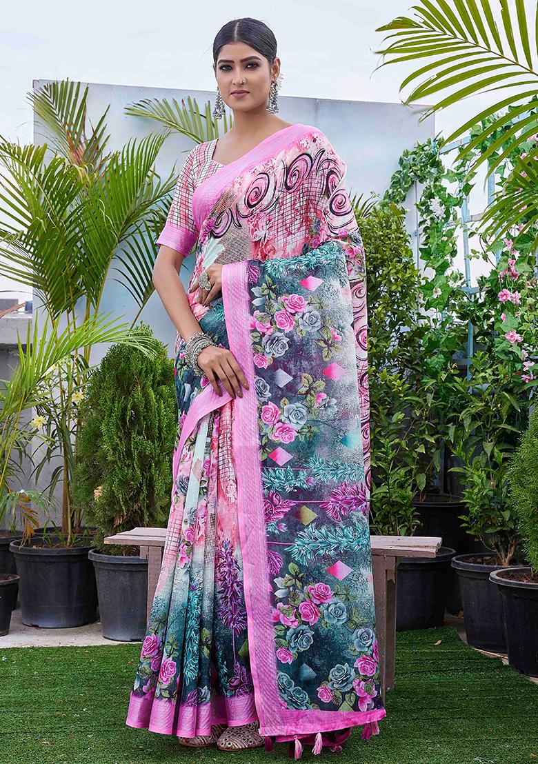 Pink Digital Print Linen Blend Saree Set