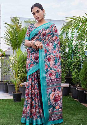 Multicolor Digital Print Linen Blend Saree Set
