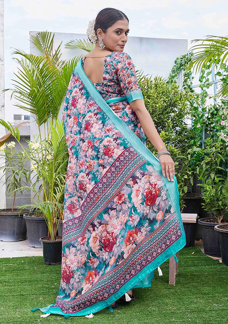 Multicolor Digital Print Linen Blend Saree Set