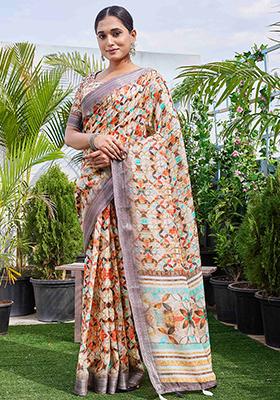 Beige Digital Print Linen Blend Saree Set