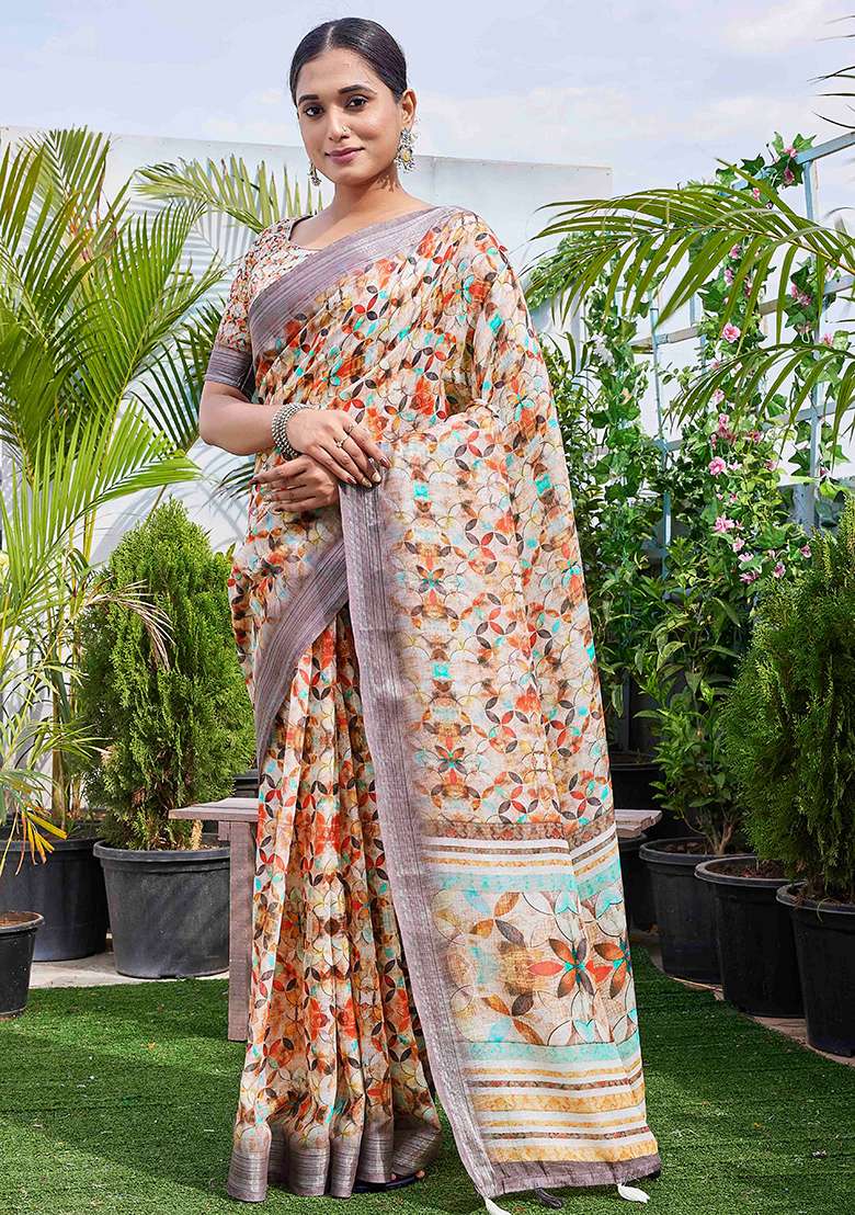Beige Digital Print Linen Blend Saree Set - Indya