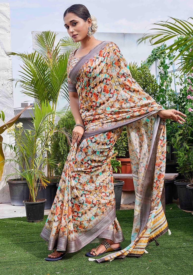 Beige Digital Print Linen Blend Saree Set