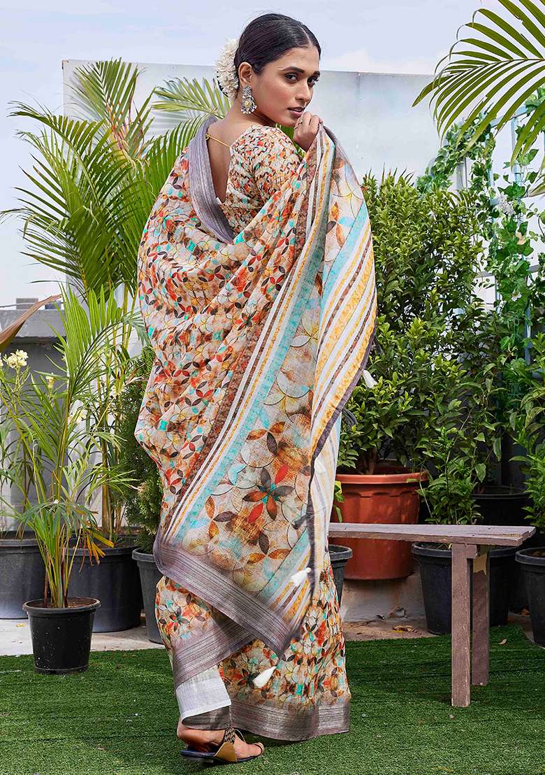 Beige Digital Print Linen Blend Saree Set - Indya