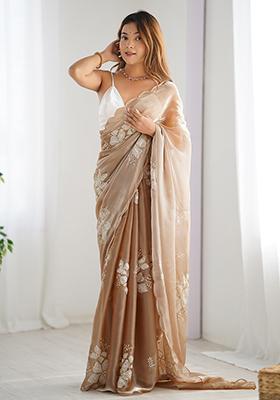 Beige Sequin Embroidered Jimmy choo Saree Set
