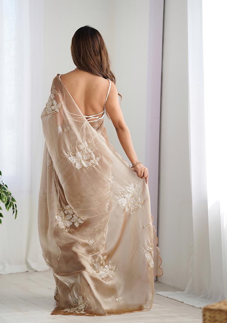 Beige Sequin Embroidered Jimmy choo Saree Set