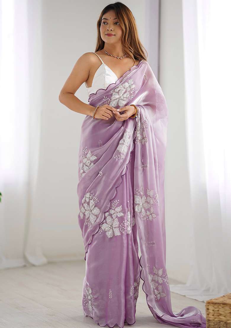 Lavender Sequin Embroidered Jimmy choo Saree Set - Indya
