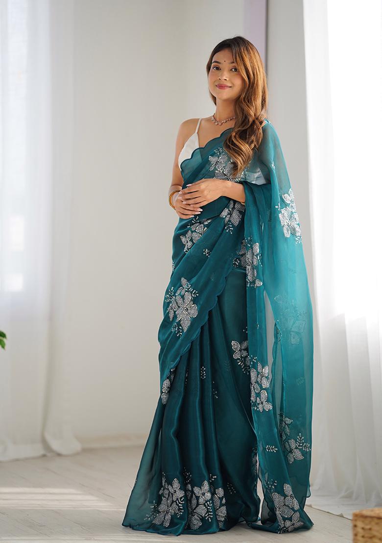 Rama Blue Sequin Embroidered Jimmy choo Saree Set