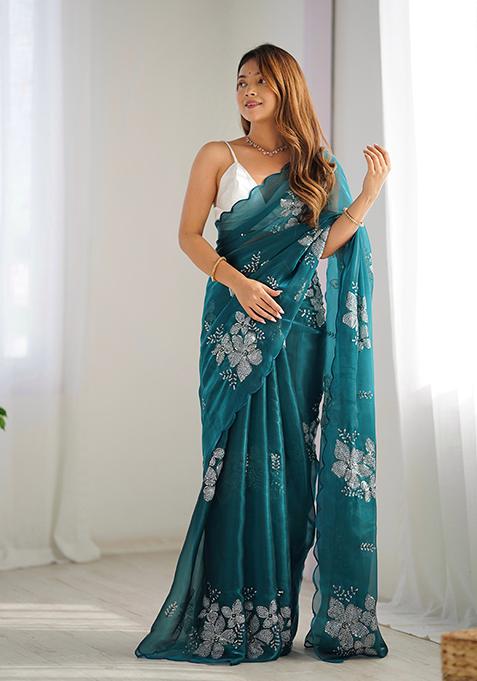 Rama Blue Sequin Embroidered Jimmy choo Saree Set