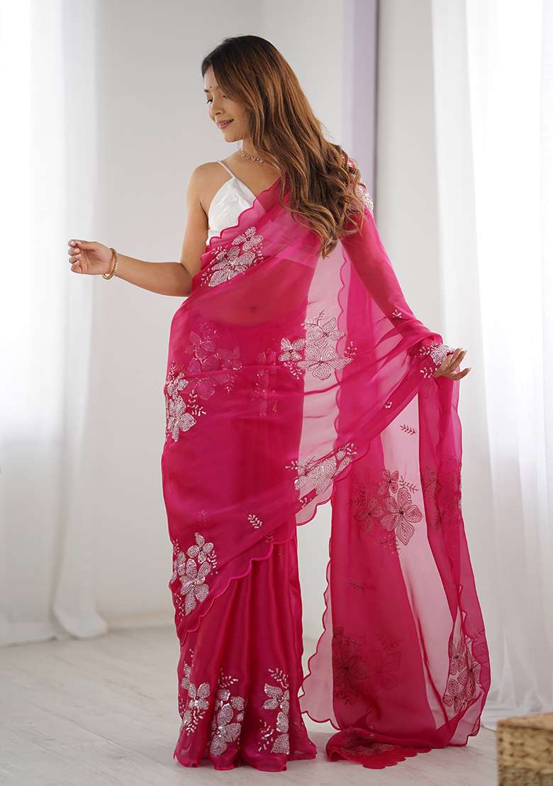 Pink Sequin Embroidered Jimmy choo Saree Set - Indya