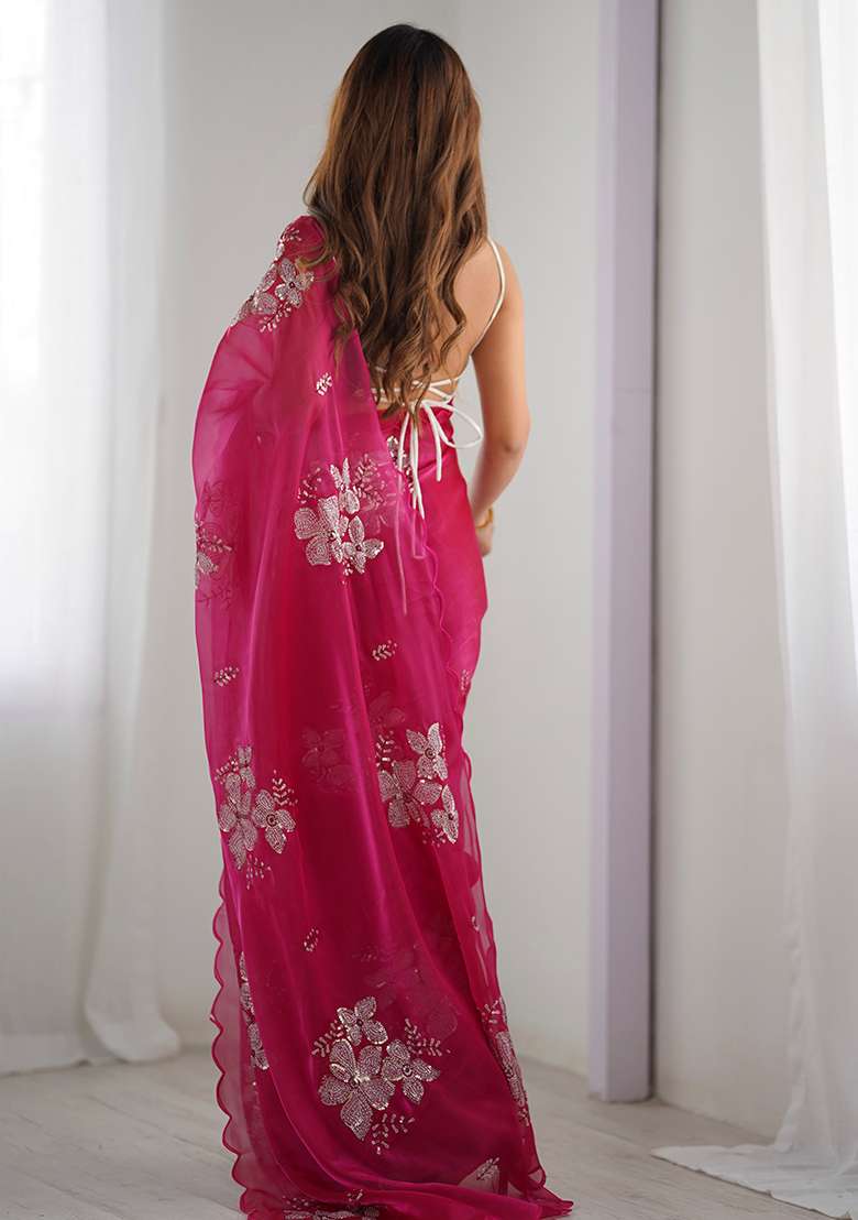 Pink Sequin Embroidered Jimmy choo Saree Set - Indya
