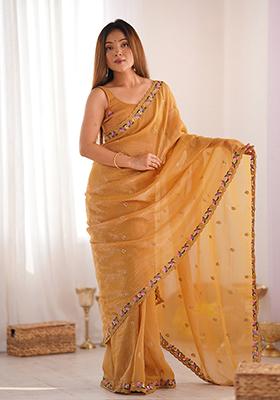 Mustard Sequin Embroidered Silk Saree Set