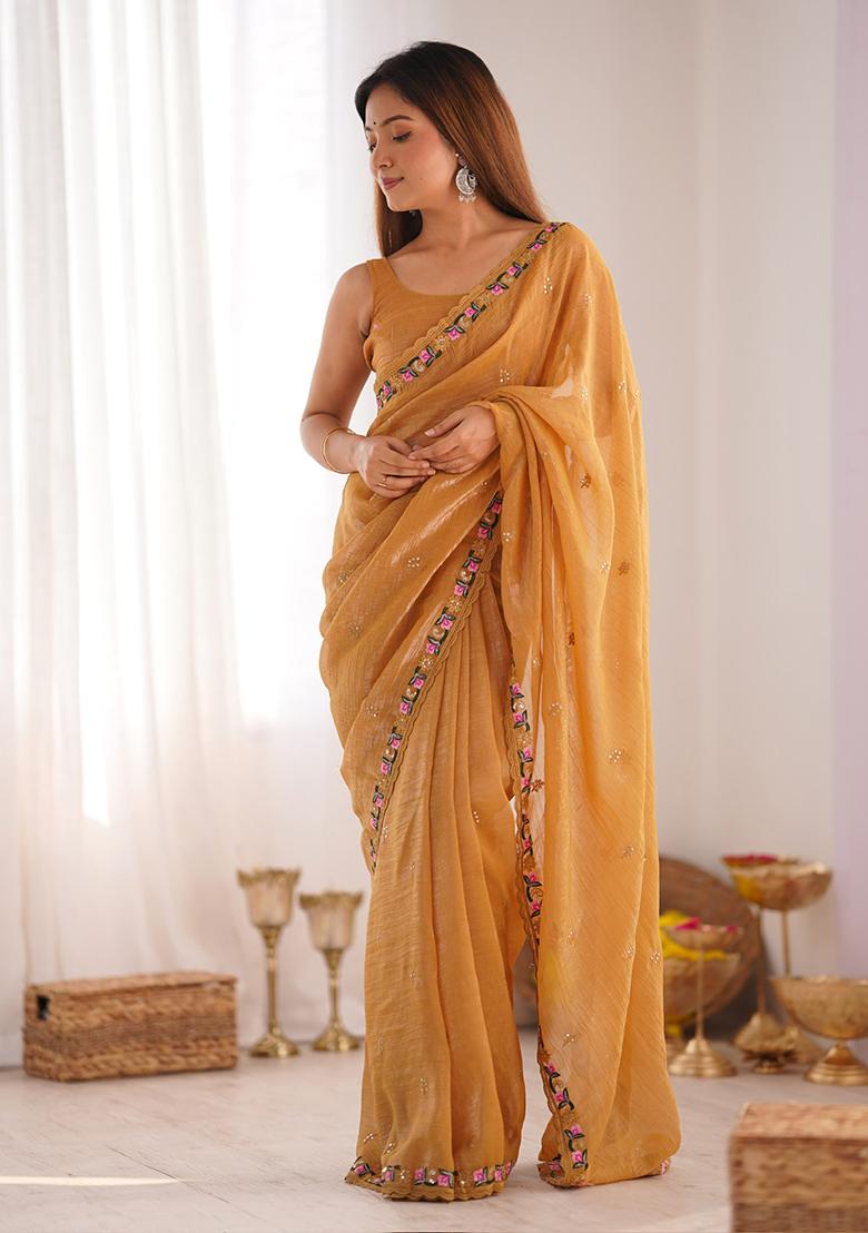 Mustard Sequin Embroidered Silk Saree Set