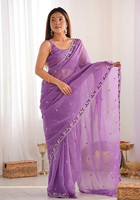 Purple Sequin Embroidered Silk Saree Set
