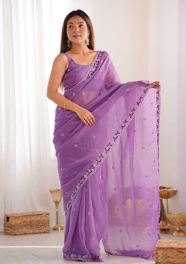 Purple Sequin Embroidered Silk Saree Set - Indya