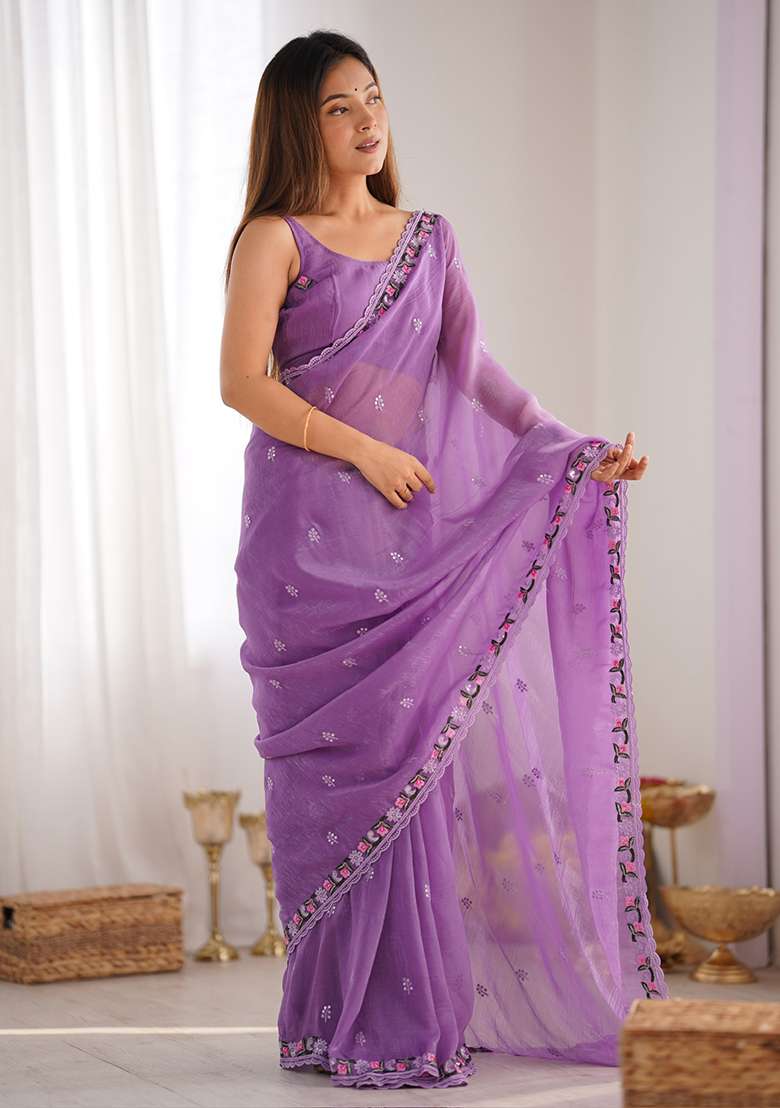 Purple Sequin Embroidered Silk Saree Set - Indya