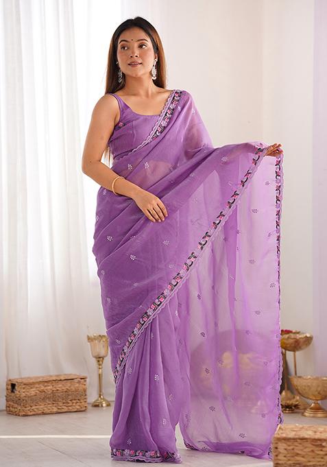 Purple Sequin Embroidered Silk Saree Set