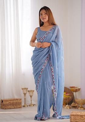 Sky Blue Sequin Embroidered Silk Saree Set