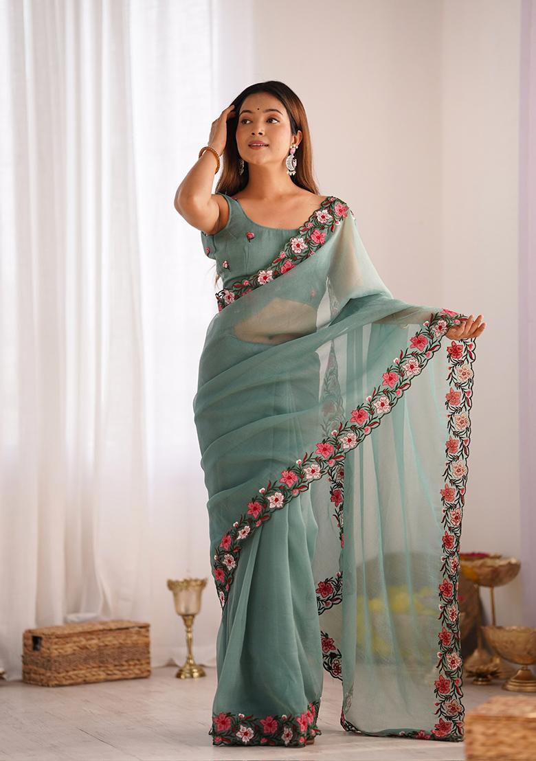 Green Thread Embroidered Crush Saree Set