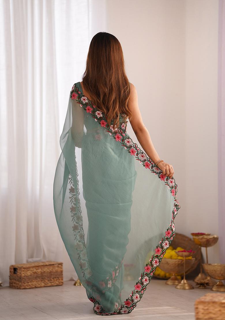 Green Thread Embroidered Crush Saree Set