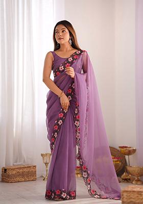Lavender Thread Embroidered Crush Saree Set