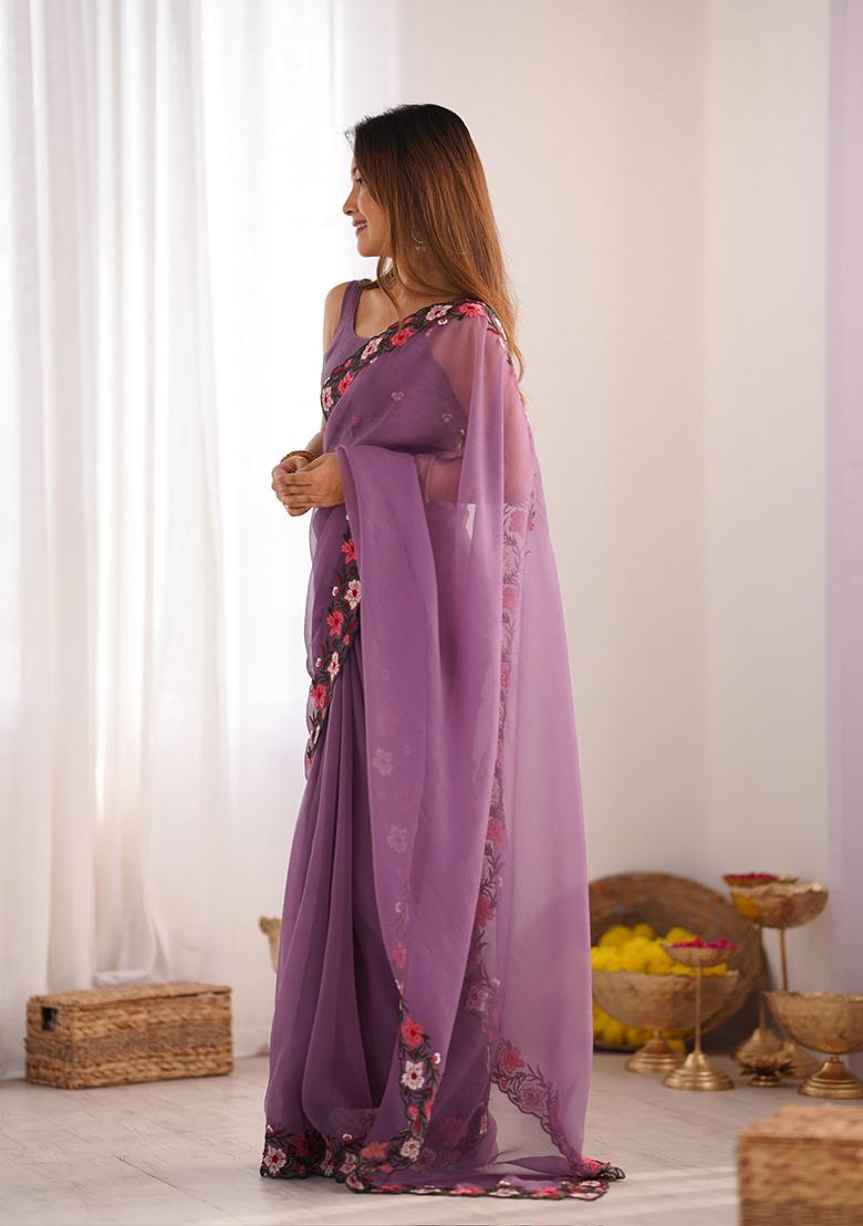 Lavender Thread Embroidered Crush Saree Set