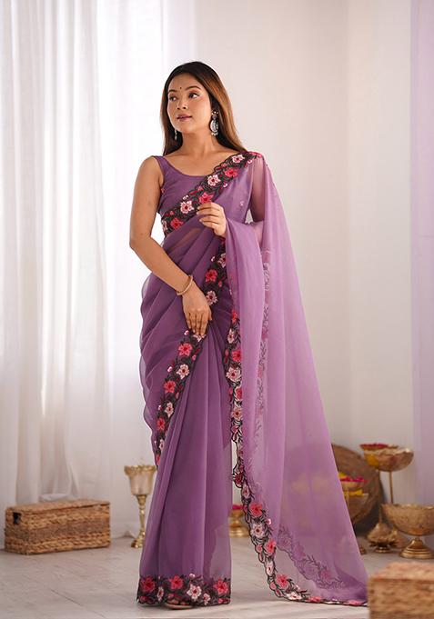 Lavender Thread Embroidered Crush Saree Set