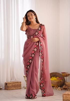 Onion Pink Thread Embroidered Crush Saree Set