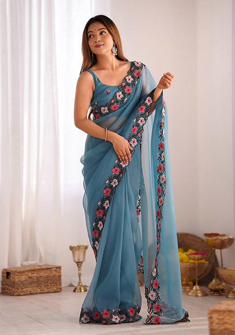 Sky Blue Thread Embroidered Crush Saree Set