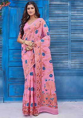 Pink Zari Woven Linen Saree Set