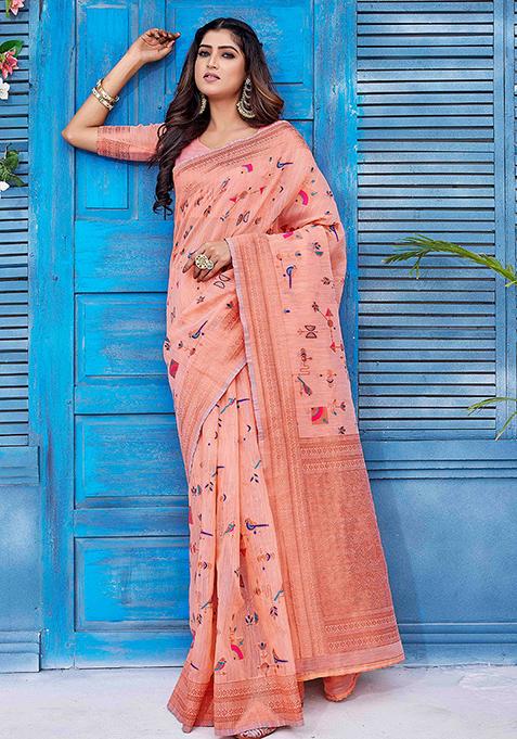 Peach Zari Woven Linen Saree Set