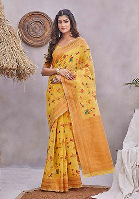 Yellow Zari Woven Linen Saree Set