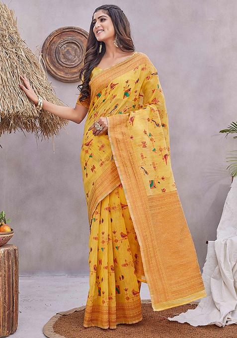Yellow Zari Woven Linen Saree Set