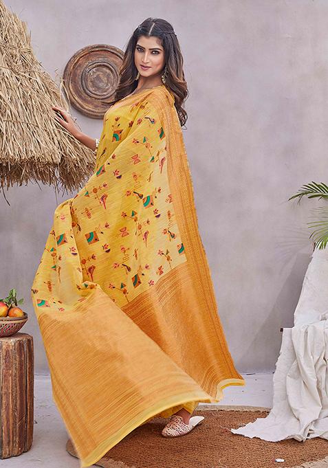 Yellow Zari Woven Linen Saree Set